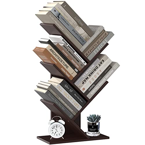 R RUISHENG 5-Tier Retro Tree Design Bookshelf - Dark Walnut Narrow Book Organizer for Home and Office - WoodArtSupply