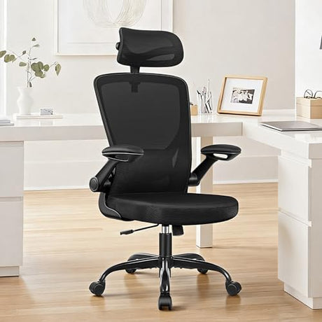 BESTFAIR Ergonomic Office Desk Chair Comfy, High Back Mesh Office Desk Chairs with Adjustable Lumbar Support, Headrest, Flip-up Armrests, Home Computer Chair for Gaming, Work, Black BESTFAIR