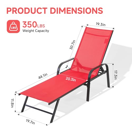 DUMOS Outdoor Lounge Chaise Set of 2 for Poolside Patio, 5-Position Aluminum Chaise with Armrest, Sun Tanning Chair 350 lbs Heavy Duty Patio Pool Chair, Waterproof Lounge for Deck,Backyard, Beach, Red