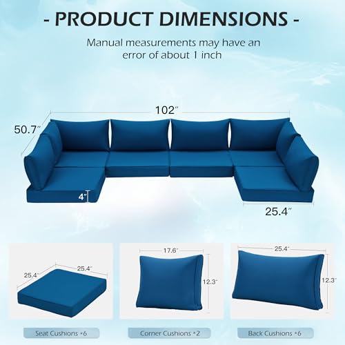 HOMREST Outdoor Replacement Cushions for Patio Furniture,Water-Repellent Sofa Cushions for 6-Seat Rattan Wicker Sectional Patio Conversation Sets,14-Piece Cushions Set for Outdoor Couch（Blue） HOMREST