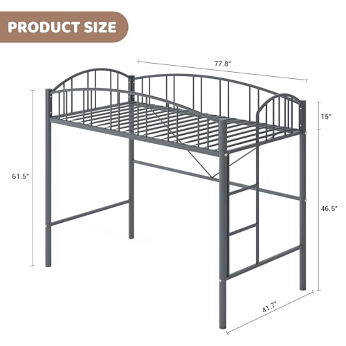 Garvee Loft Bed Twin Size with Ladde and Arched Guardrail, Heavy Duty Metal Loft Bed Frame for Kids and Adults, Sturdy Steel Slats Support, Small Space Saving Design, No Box Spring Needed, Gray Garvee
