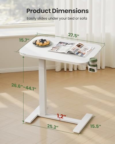 Marsail 28×16" Overbed Table with Wheels and 360° Cup Holder, Height-Adjustable Pneumatic Bedside Table, Mobile Computer Standing Desk for Home Office, White Marsail
