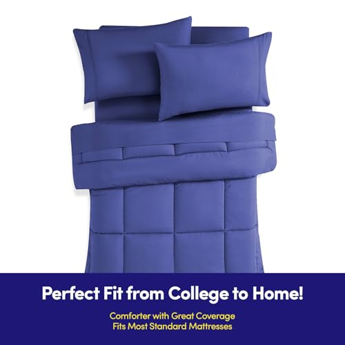Dorm Room Essentials College Bedding Comforter Set 5 Piece Twin Size Bed in a Bag for College Students Boys and Girls, Twin, Royal Blue Sweet Home Collection