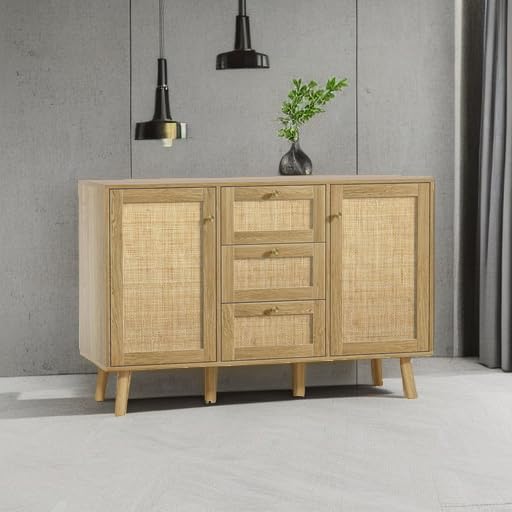 Giluta Sideboard Buffet Cabinet, 3 Drawers Rattan Cabinet with 2 Doors Boho Accent Storage Cabinet, Living Room Cupboard Console Table with Adjustable Shelves for Kitchen Giluta