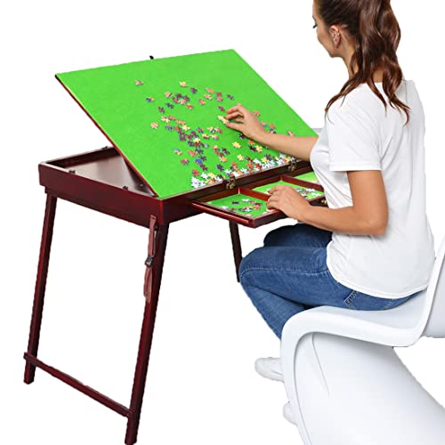 Kcelarec Wooden Jigsaw Puzzle Table with Drawers and Legs for Adults, Tilting Green Board for Games, Gift for Puzzle Amateur, Solid Wood Folding Tilting Table for 1000 Pieces Puzzles - WoodArtSupply