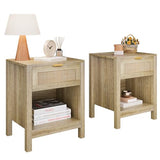 KIGOTY Farmhouse Rattan Nightstand Set of 2, Bedside Table with Drawer,Open Compartment, Side Table with Storage, End Table for Bedroom,Oak KIGOTY