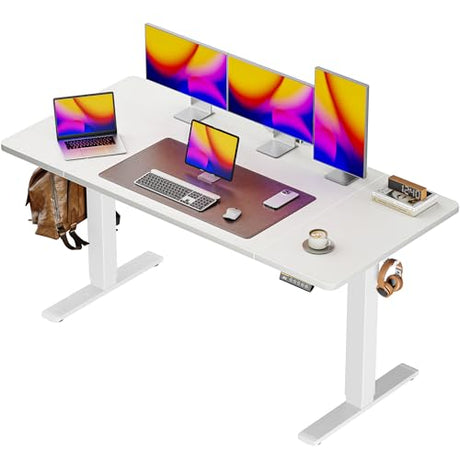 Huuger 55 x 28 Large Electric Standing Desk, Height Adjustable Copmuter Desk, 27.6" Deep Desktop, Stand up Gaming Office Table with 2 Hooks, 3 Preset Heights, for Home Office, White Huuger