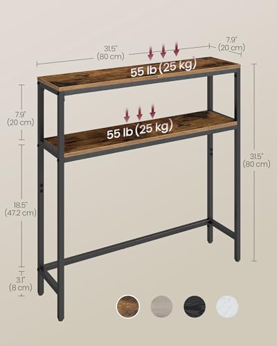 VASAGLE Console Table, 2-Tier Narrow Sofa Table with 2 Shelves, 7.9 x 31.5 x 31.5 Inches, for Living Room, Hallway, Entryway, Rustic Brown and Ink Black ULNT130K01V1 VASAGLE