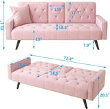 72" Pink Velvet Futon Couch Living Room Couch Bed Convertible Sleeper Sofa Bed with Cup Holder for Bedroom Guest Bed 2 Seater Reclining Sofas Couches with Nailhead Trim for Small Space (Pink) anwickjeff