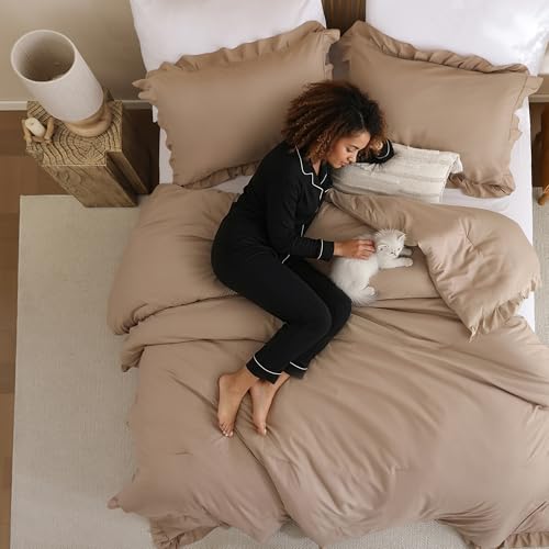 JANZAA Queen Ruffled Comforter Set 3PCS (1 Taupe Comforter Set and 2 Pillowcases) Vintage Farmhouse Shabby Chic Bedding Soft Fluffy Bed Set All Season JANZAA