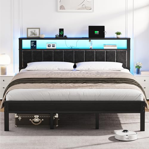 OLEVS King Bed Frame with Charging Station & LED Lights, Modern Platform Bed with Upholstered Storage Headboard, No Box Spring Needed Noise Free OLEVS