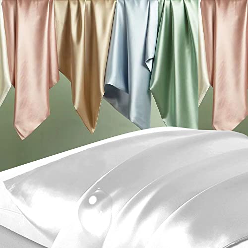Silk Pillow Cases 2 Pack, Mulberry Silk Pillowcases Standard Set of 2, Health, Smooth, Anti Acne, Beauty Sleep, Both Sides Natural Silk Satin Pillow Cases for Women 2 Pack with Zipper for Gift,White DKBslik