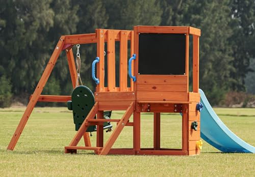 Dolphin Playground 5 in 1 Multifunction Toddler Swing Sets for Backyard, Outdoor Playset with Baby Swing, Outdoor Table, Blackboard, Slide, and Rock Climbing Wall,Toddler Swing Sets Ages 18mo - WoodArtSupply