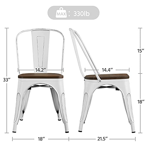 Yaheetech Set of 4 Metal Dining Chairs with Wood Seat Metal Side Chairs Kitchen Chairs with Back Bistro Café Trattoria Kitchen, Distressed White