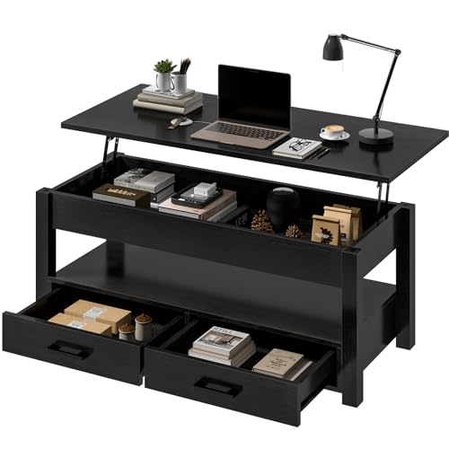 FABATO 41.7'' Lift Top Coffee Table with 2 Storage Drawer Hidden Compartment Open Storage Shelf for Living Room Folding Wood End Table (Black) - WoodArtSupply