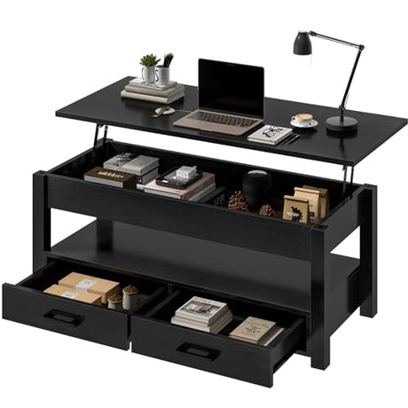 FABATO 41.7'' Lift Top Coffee Table with 2 Storage Drawer Hidden Compartment Open Storage Shelf for Living Room Folding Wood End Table (Black) FABATO