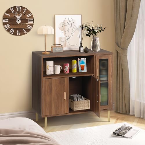 LAZZO Storage Cabinet Credenza Sideboard Buffet Cabinet with Glass Doors Free Standing Accent Entry Cabinet Coffee Bar Cabinet for Living Room, Hallway, Kitchen and Dining Room Brown LAZZO