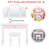 Costzon Kids Vanity, Girls Vanity Set with Tri-Folding Mirror, Stool, Storage Drawer, Princess Toddler Makeup Vanity Desk Dressing Table, Wooden Kids Vanity Table and Chair Set (White) Costzon