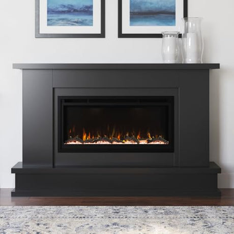 Modern Ember Patton Black Mantel Package 64" W x 42" H with 42 Inch Electric Fireplace - 5 Flame Colors, 10 Ember Bed Colors, Log Kit & Crystal Embers | Alexa/WiFi Enabled Modern Ember