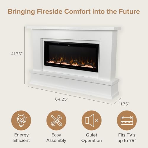 Modern Ember Patton White Mantel Package 64" W x 42" H with 42 Inch Electric Fireplace - 5 Flame Colors, 10 Ember Bed Colors, Log Kit & Crystal Embers | Alexa/WiFi Enabled Modern Ember