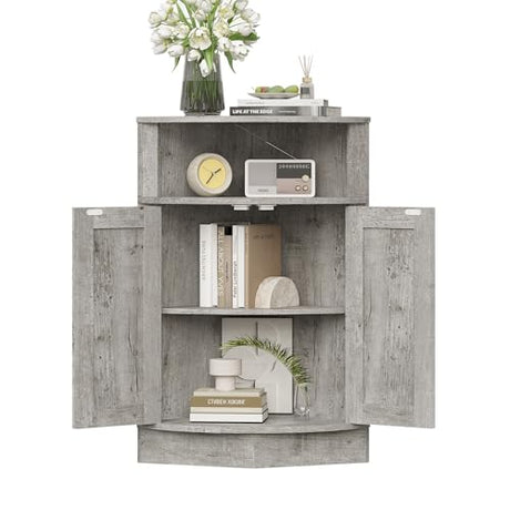 Vabches Corner Storage Cabinet, Farmhouse Small Floor Corner Cabinet with Barn Door and Adjustable Shelf, Narrow Cabinet Organizer for Bathroom,Pantry, Living Room, Kitchen, Grey Vabches
