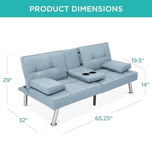 Best Choice Products Linen Modern Folding Futon, Reclining Sofa Bed for Apartment, Dorm w/Removable Armrests, 2 Cupholders - Light Blue Best Choice Products