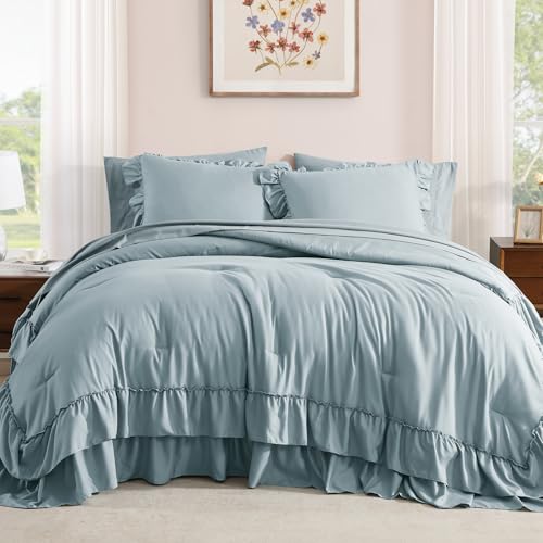 AMBERSPACE King Size Comforter Set Dusty Blue, Ruffle Shabby Chic Bedding Set Farmhouse 7 Pieces, All Season Fluffy Bed in a Bag with Sheets, Pillowcases & Shams AMBERSPACE