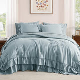 AMBERSPACE King Size Comforter Set Dusty Blue, Ruffle Shabby Chic Bedding Set Farmhouse 7 Pieces, All Season Fluffy Bed in a Bag with Sheets, Pillowcases & Shams AMBERSPACE