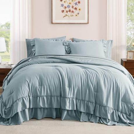 AMBERSPACE Queen Comforter Set Dusty Blue, Ruffle Shabby Chic Bedding Set Farmhouse 7 Pieces, All Season Fluffy Bed in a Bag with Sheets, Pillowcases & Shams AMBERSPACE