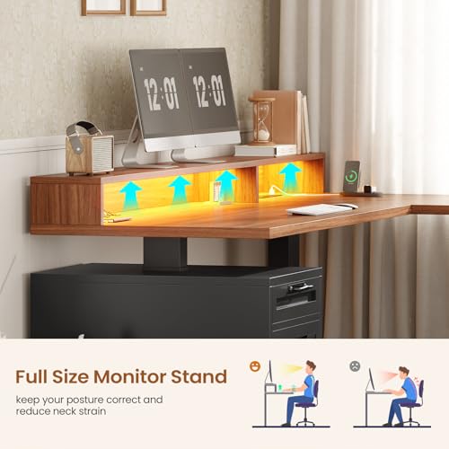 SEDETA Farmhouse L Shaped Standing Desk, 71" x 73" Height Adjustable Home Office Executive Desk with Drawers, Power Outlet, Monitor Stand, Sit Stand Table with Led Lights for Home Office, Black SEDETA