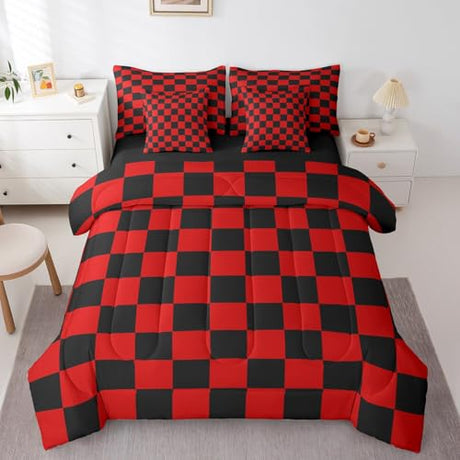 Feelyou Checkered 7 Piece Bedding Set Teen Red Black Plaid Comforter Set with Sheets Twin Size Kids Boys Cute Retro Neutral Checkerboard Geometric Bed in a Bag Vintage Aesthetic Room Decor Feelyou