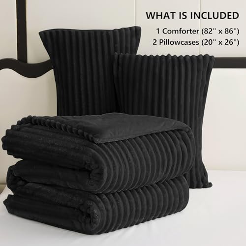 CozyLux Fluffy Full Size Comforter Sets - Super Soft Faux Fur Black Comforter Full Size, Winter Warm Fleece Bedding Set, 3 Pieces Plush Fuzzy Bed Set (1 Shaggy Comforter, 2 Pillowcases) CozyLux