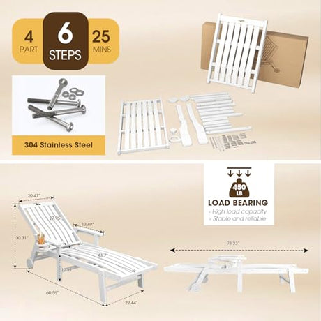 THOEOE Patio Chaise Lounge Chair, Lounge Chair Outdoor with 5 Positions, HDPE, Patio Lounge Chair with Wheels & Cup Holder for Pool, Deck, Poolside,White THOEOE