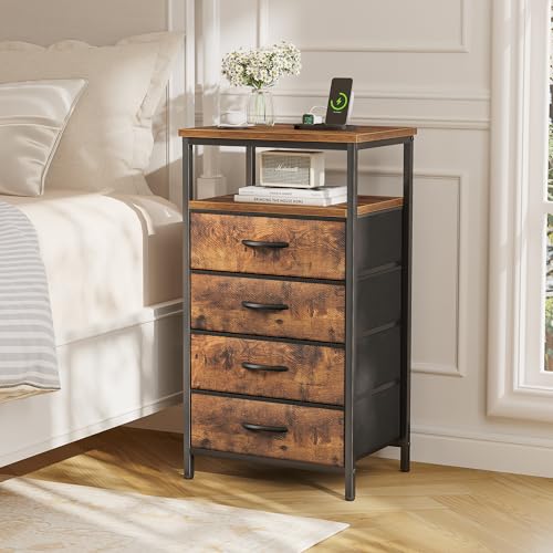 Huuger Night Stand with Charging Station, Set of 2, 4 Drawer Dresser for Bedroom, Bedside Table, 33.9 Inch Tall Nightstand with Open Shelf, End Table, for Closet, Entryway, Bedroom, Rustic Br - WoodArtSupply