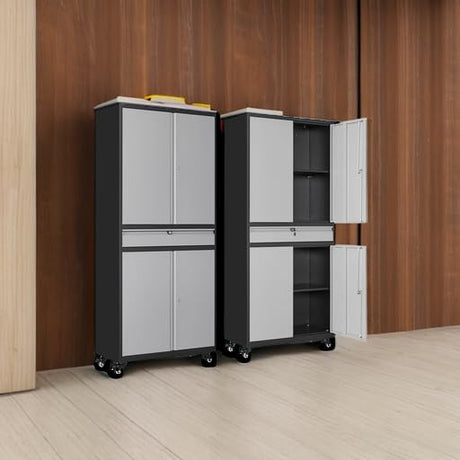 Metal Garage Storage Cabinet with 4 Wheels and 1 Drawer,Gray Rolling Garage Cabinet with Locking Doors and Adjustable Shelves,73" Mobile Tall Large Metal Storage Cabinet for Home,Office,Garage,Shop SISESOL
