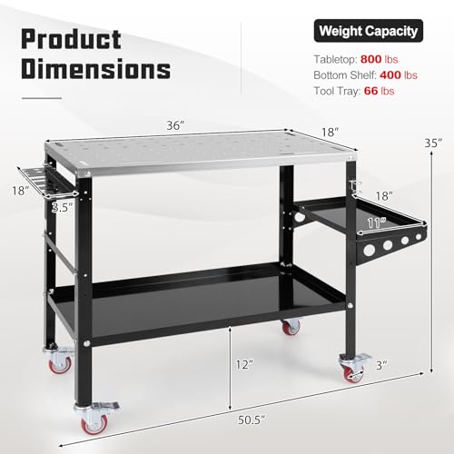 Goplus Rolling Welding Table, 1200 lbs Welding Workbench Table Top w/4 Lockable Wheels, Tool Rack & Tray, 5/8” Holes, 8 Tool Slots, 2 Nozzle Holders, 36” x 18” Welding Fixture Table for Shop  - WoodArtSupply