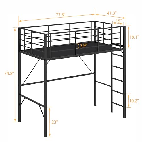 Debercu Twin loft Bed 75 inch High with High Guardrail,Space Saving Bedframe with Wide Ladder Rungs,No Sagging,Allow 12 inch Mattress Sturdy Metal Bed,Black Debercu