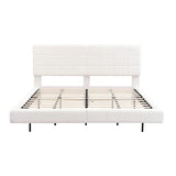Merax King Size White Boucle Upholstered Platform Bed with Tall Headboard, Modern Floating Bed Frame with LED Lights for Bedroom, Solid Wood Slats Support, No Box Spring Needed, Easy Assembly Merax