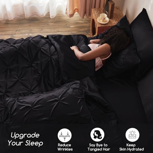 MR&HM Satin Comforter Full 7 Pieces - Luxurious Pinch Pleat Bedding Set with Comforter, Flat Sheet, Fitted Sheet, Pillowcases & Shams, Super Silky Soft Bed Set for All Season (Full, Black) MR&HM