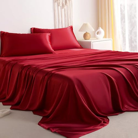 NTBAY Silk Satin King Sheet Set, 4-Piece Luxury and Soft Bedding Set Cooling Silky Sheets for Hair and Skin, Includes 2 Pillowcases, 1 Flat Sheet, 1 Fitted Sheet with Deep Pocket, Wine Red NTBAY