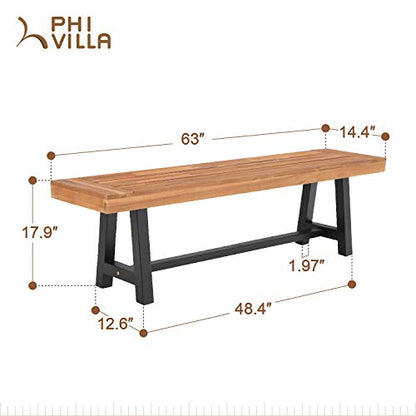 PHI VILLA Outdoor Acacia Wood Bench, 63" Long Patio Wooden Picnic Bench for 3 People, Backless Oil Finished Teak Bench for Garden, Porch, Yard - WoodArtSupply