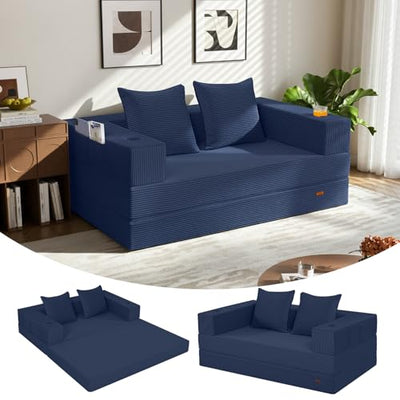 COMAX Futon Sofa Bed, 4‑in‑1 Convertible Sofa Bed, Folding Boneless Couches for Living Room, Fold Out Small Foldable Loveseat Floor Sleeper Comfy Mattress Lounge Space‑Saving, Navy Blue