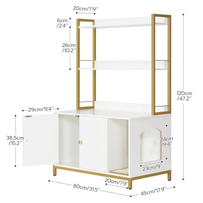 HOOBRO Large Cat Litter Box Enclosure with 2 Storage Shelves, Wooden Litter Box Furniture, Hidden Litter Box Furnitue with Scratching Pad, Sturdy and Solid, 31.5"L x 17.9"W x 47.2"H, White WD - WoodArtSupply