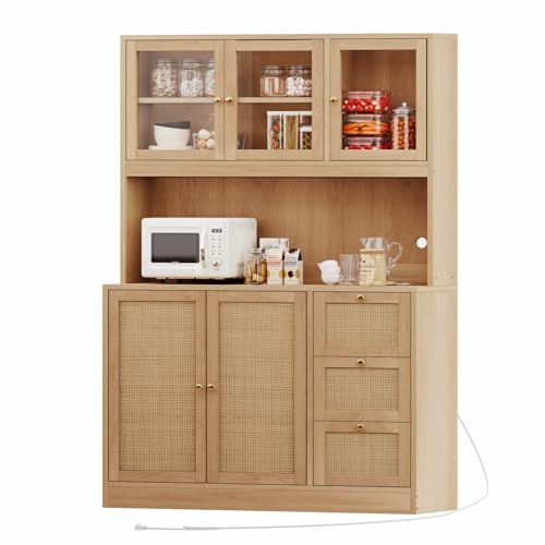 Irontar 70.9'' Kitchen Pantry Cabinet, Kitchen Hutch with Microwave Stand & Charging Station, Farmhouse Tall Storage Cabinet with Countertop, Bar Cabinet with Drawer and Glass Doors, Natural CWG011ME Irontar