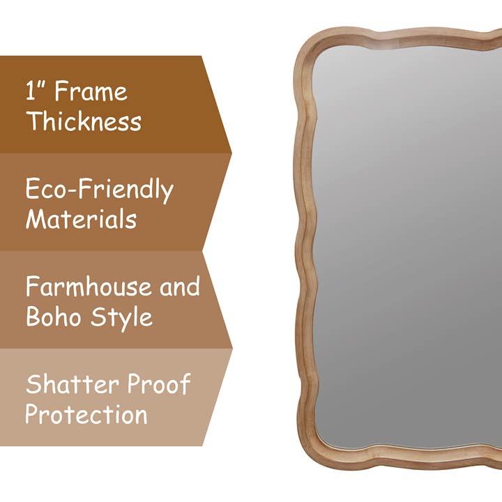 COZAYH Curved Wood Frame Accent Mirror, Farmhouse French Country Decorative Wall Mirror, Rectangle 23.5”L x 38”W, Natural COZAYH