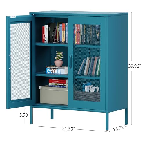 Chshin Blue Metal Cabinet,Metal Storage Cabinet,Metal Locker Storage Cabinet with 2 Mesh Doors and Adjustable Shelves,Metal Sideboard,Mesh Storage Cabinet for Home,Office,Kitchen.(40" H) Chshin