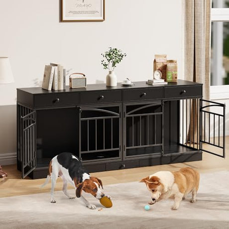 GarveeHome Dog Crate Furniture for 2 Dogs, Dog Kennel Indoor with 4 Storage Drawers and Feeding Bowls, Double Dog Crate TV Stand for Small Medium Dogs, Black GarveeHome