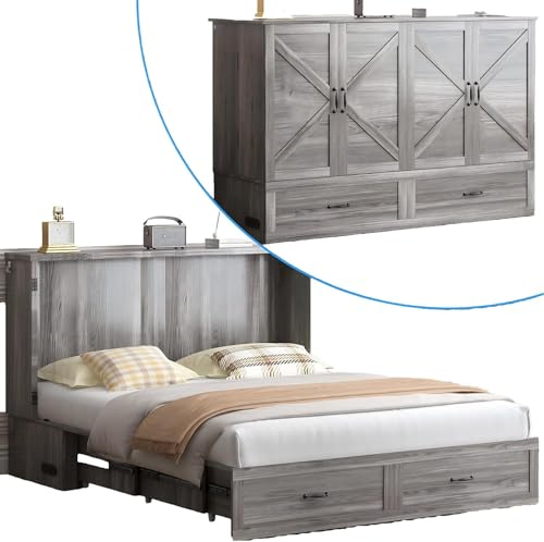 PUREMIND Murphy Bed Queen with Mattress Included, Bedroom Cabinet Beds with USB Charging Station, Murphy Chest Bed with Storage Drawers, Horizontal Wallbed for Guest Room Grey PUREMIND