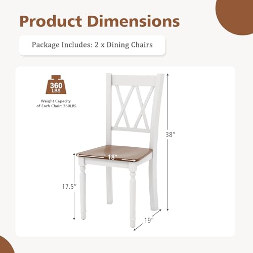 Giantex Dining Room Chairs Set of 2 White, Wooden Farmhouse Kitchen Chairs with Rubber Wood Seat, Acacia Wood Legs, Max Load 360 Lbs, Heavy Duty Wood Armless Dining Chairs with High Back Giantex