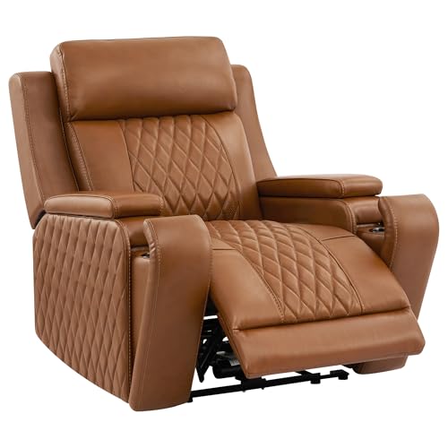 Watson & Whitely Genuine Leather Wall Hugger Power Recliner Chair with Power Headrest, Heating & Cooling, Electric Lay Flat Recliner with Cup Holders & Armrest Storage for Living Room, Saddle Brown